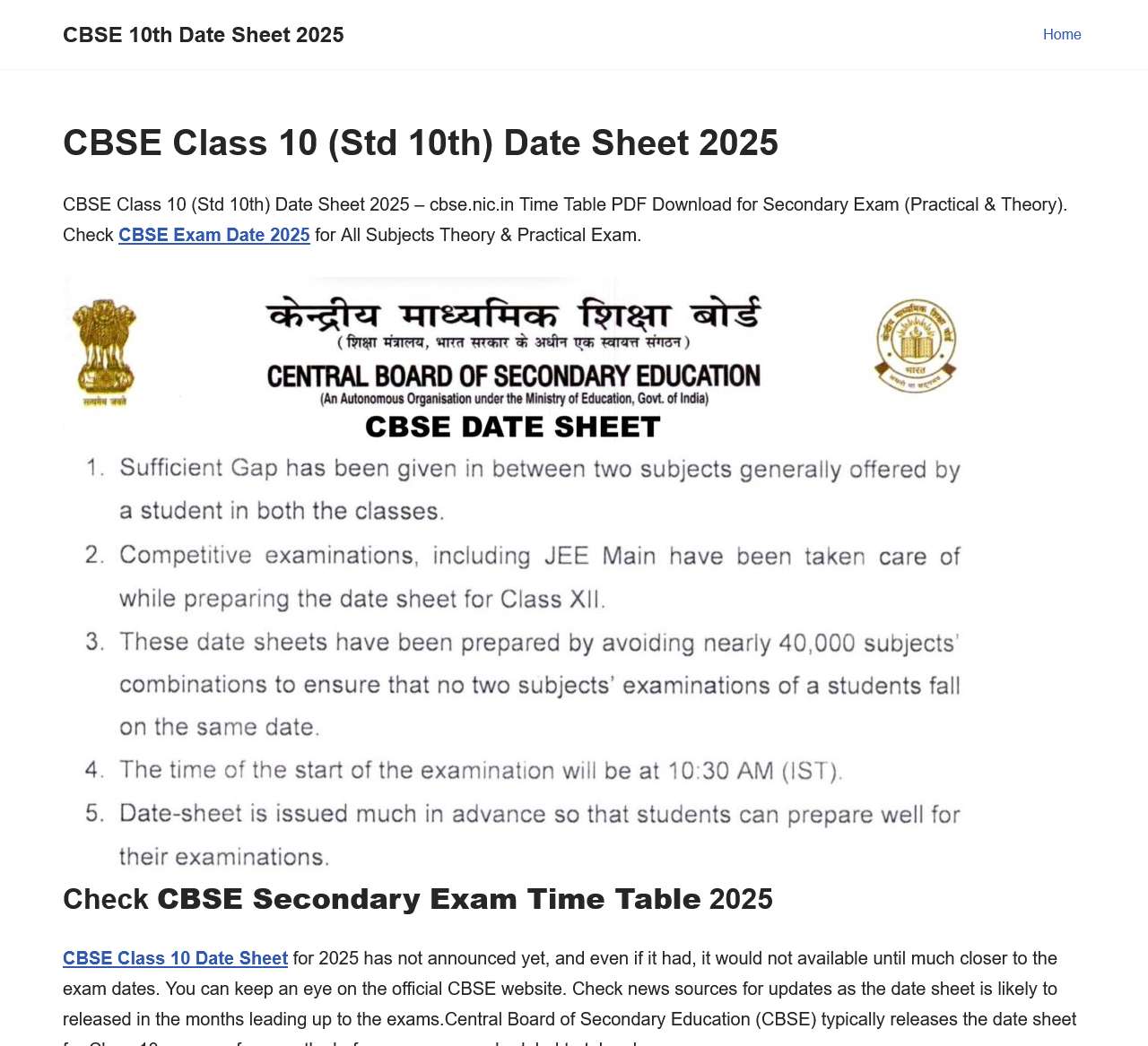 CBSE 10th Date Sheet 2025,CBSE Class 10 (Std 10th) Date Sheet 2025